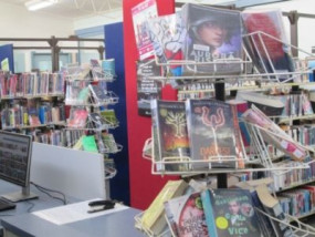 Library books in display stand